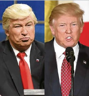 LOOK-ALIKE? Actor Alec Baldwin (left) impersonates US President Donald Trump (right) in “Saturday Night Live!” —AP