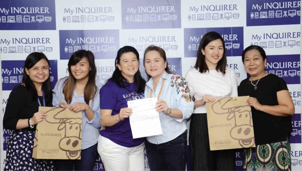 PARTNERSHIP Philippine Daily Inquirer  president and CEO Sandy Prieto Romualdez (third from left) receives a check donation from Cut Unlimited Inc. president Mayose Gozon-Bautista. Also in this photo are (from left):  Inquirer’s senior corporate affairs associate, Bianca Kasilag-Macahilig; Cut Unlimited  marketing and promo officer, Kyla Symaco; Cut Unlimited business development officer, Justine Bautista; and Inquirer’s assistant vice president for corporate affairs,  Connie Kalagayan.