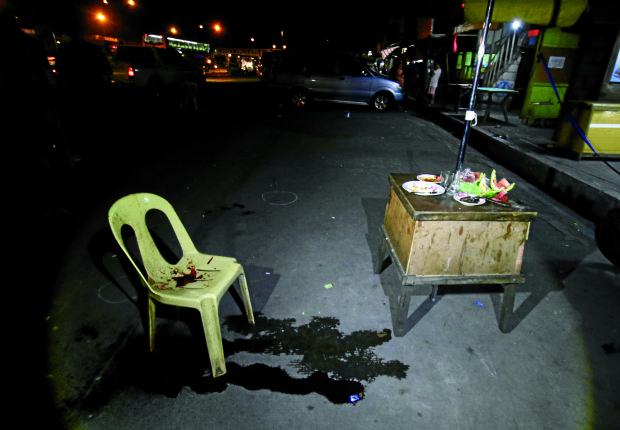 EMPTY CHAIR The crime scene where former guest relations officer Christina Padual (shown sprawled over a chair on Page A1) was killed by masked gunmen in front of Virgo Club, Barangay Holy Spirit, Quezon City. Also killed was her partner, alias “Melvin,” who was allegedly involved in drugs and was once arrested during a drug operation. —RICHARD A. REYES