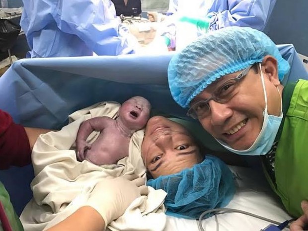 Davao City Mayor Sara Duterte and her husband, Manases Carpio, hold their newly born baby, Stonefish, for his first ever photograph, on March 2, 2017. (Photo courtesy of Mans Carpio)