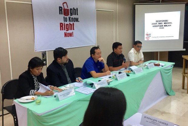 Right to Know, Right Now! Coalition holds a forum on the implementation of the Freedom of Information executive order. (From L-R) Malou Mangahas of the Philippine Center for Investigative Journalism, Patrick Chua of the Makati Business Club, Representative Antonio Tinio of ACT Teachers party-list, Assistant Secretary Kris Ablan of the Presidential Communications Operations Office and Assistant Secretary Nepomuceno Malaluan of the Department of Education.