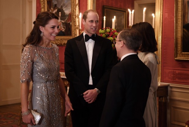 Britain's ambassador to France Lord Ed Llewellyn, second right, his wife Anne, right, Prince William and Kate, Duchess of Cambridge arrive for a dinner at the British embassy in Paris Friday, March 17, 2017. (Eric Feferberg/pool Photo via AP)