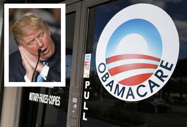 An Obamacare logo is shown on the door of the UniVista Insurance agency in Miami, Florida on January 10, 2017.  As President-elect Donald Trump's administration prepares to take over Washington, they have made it clear that overturning and replacing the Affordable Care Act is a priority. / AFP PHOTO / RHONA WISE