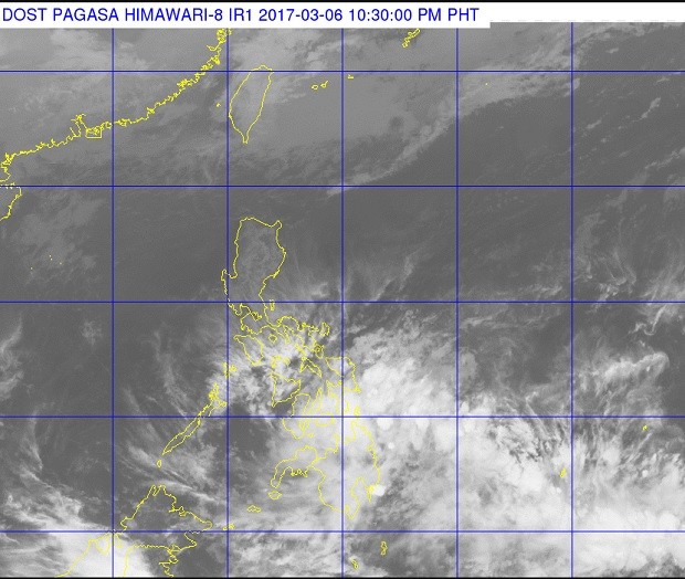 A satellite photo released by the Pagasa Monday night shows clouds over Mindanao and the Visayas. PAGASA PHOTO
