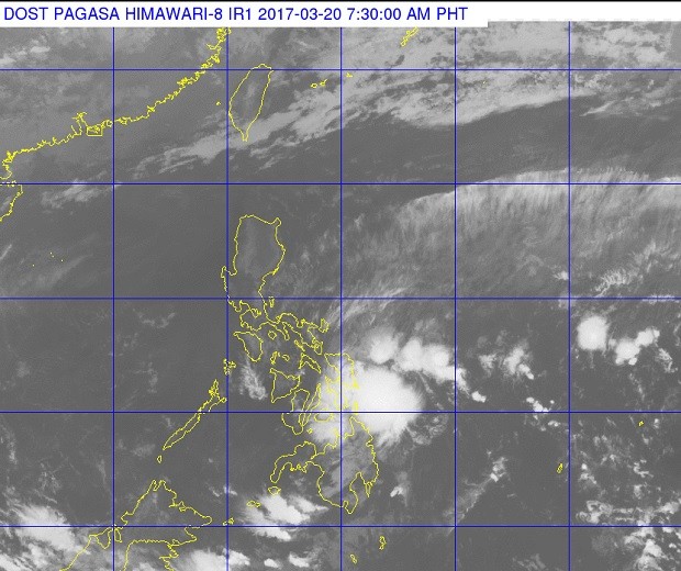 Heavy clouds can be seen over the eastern section of the Visayas and the Caraga Region in this satellite photo released by Pagasa. PAGASA PHOTO