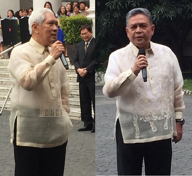 Newly appointed Supreme Court Justices Samuel Martires (left) and Noel Tijam speak after the flag-raising ceremony at the high court on Monday, March 13, 3017. Martires and Tijam, the first and second appointees of president Rodrigo to the high court, also came from the San Beda College of Law  where the Chief Executive graduated. SUPREME COURT PIO PHOTO