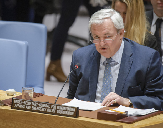 In this photo provided by the United Nations, Stephen O'Brien, the U.N's Under-Secretary-General for Humanitarian Affairs and Emergency Relief Coordinator, addresses the U.N. Security Council at U.N. headquarters, Friday, March 10, 2017. O'Brien said that the world faces the largest humanitarian crisis since the United Nations was founded in 1945, with more than 20 million people in four countries facing starvation and famine. (Manuel Elias/The United Nations via AP)