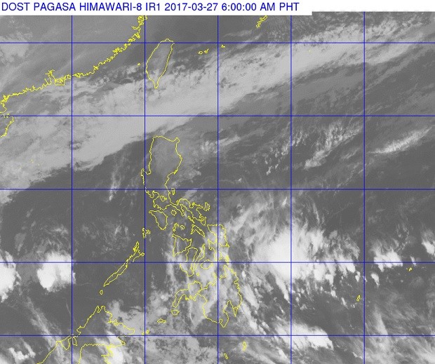 Clouds appear near and over parts of the Visayas and most of Mindanao in this satellite photo released by Pagasa on Monday morning. PAGASA PHOTO