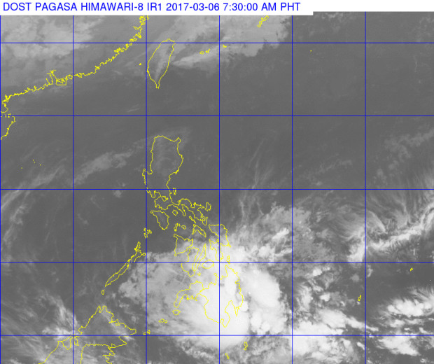 A satellite photo released by Pagasa at 7:30 a.m., March 6, 2017, shows heavy cloud cover over Mindanao. PAGASA PHOTO