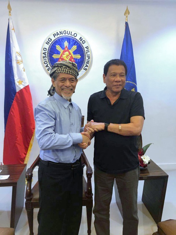 President Rodrigo Roa Duterte meets with Moro National Liberation Front (MNLF) Chairman Nur Misuari at the Presidential Guest House in Davao City on March 27, 2017. RENE LUMAWAG/Presidential Photo