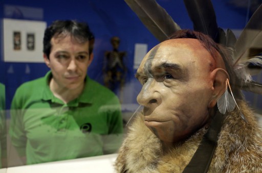 A visitor looks at 'El Neandertal Emplumado', a scientificly based impression of the face of a Neanderthal who lived some 50,000 years ago by Italian scientist Fabio Fogliazza during the inauguration of the exhibition 'Cambio de Imagen' (Change of Image) at the Museum of Human Evolution in Burgos on June 10, 2014.  AFP FILE PHOTO 