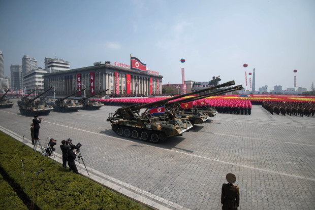 Korean People's Army (KPA) tanks are displayed on Kim Il-Sung square during a military parade marking the 105th anniversary of the birth of late North Korean leader Kim Il-Sung in Pyongyang on April 15, 2017.  North Korean leader Kim Jong-Un on April 15 saluted as ranks of goose-stepping soldiers followed by tanks and other military hardware paraded in Pyongyang for a show of strength with tensions mounting over his nuclear ambitions. / AFP PHOTO / Ed JONES