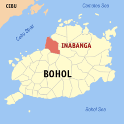 Inabanga, Bohol is a coastal town along the Cebu Strait and lies across Cebu province (Wikipedia maps)