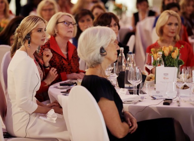 First Daughter and Advisor to the US President Ivanka Trump (L) listens to a speech of the German Chancellor  next to Managing Director of the International Monetary Fund (IMF) Christine Lagarde (front) during a gala dinner on the sidelines of the W20 summit on April 25, 2017 in Berlin. / AFP PHOTO / POOL / Michael Sohn
