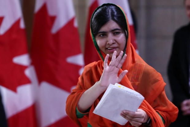 Pakistani Nobel Peace Laureate Malala Yousafzai leaves Parliament hill after receiving an honorary Canadian citizenship in Ottawa, Ontario, April 12, 2017. Malala Yousafzai will receive an honorary Canadian citizenship. Nobel Peace laureate Malala Yousafzai becomes only the sixth person to receive honorary Canadian citizenship, advocating in a speech to parliament for women and girls' education -- a cause dear to Prime Minister Justin Trudeau. / AFP PHOTO / Lars Hagberg