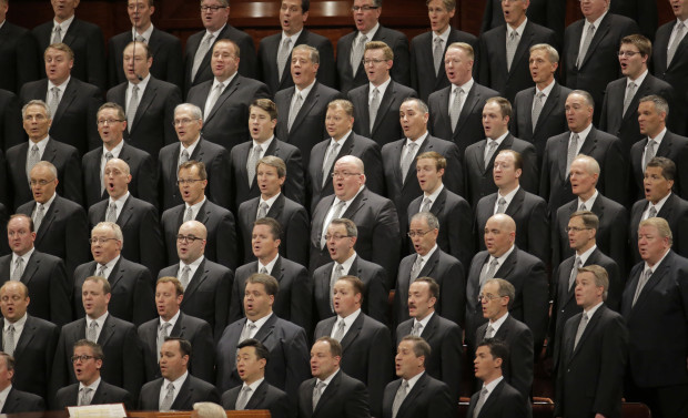 The Mormon Tabernacle Choir of The Church of Jesus Christ of Latter-day Saints sing in the Conference Center at the morning session of the two-day Mormon church conference Saturday, April 1, 2017, in Salt Lake City. Mormons will hear guidance and inspiration from the religion's top leaders during a church conference this weekend in Salt Lake City as well as getting an update about church membership statistics. (AP Photo/Rick Bowmer)