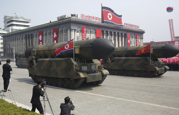 Missiles are paraded across Kim Il Sung Square during a military parade Saturday, April 15, 2017, in Pyongyang, North Korea, to celebrate the 105th birth anniversary of Kim Il Sung, the country's late founder and grandfather of current ruler Kim Jong Un. (AP Photo/Wong Maye-E)