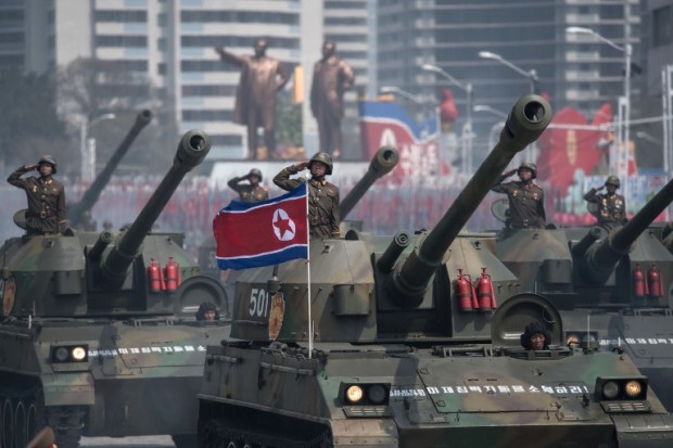 Korean People's Army (KPA) tanks are displayed during a military parade marking the 105th anniversary of the birth of late North Korean leader Kim Il-Sung in Pyongyang on April 15, 2017.  North Korean leader Kim Jong-Un on April 15 saluted as ranks of goose-stepping soldiers followed by tanks and other military hardware paraded in Pyongyang for a show of strength with tensions mounting over his nuclear ambitions. / AFP PHOTO / Ed JONES