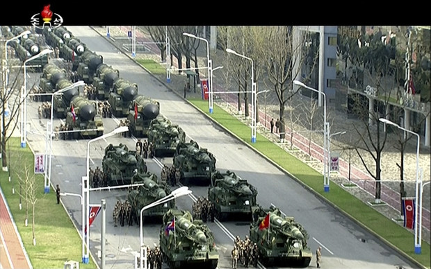 In this image made from video broadcast by North Korean broadcaster KRT, military vehicles prepare for a parade at Kim Il Sung Square in Pyongyang, Saturday, April 15, 2017. North Korean leader Kim Jong Un has appeared in a massive parade in the capital, Pyongyang, celebrating the birthday of his late grandfather and North Korea founder Kim Il Sung. (KRT via AP)