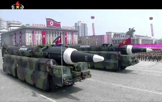In this image made from video provided by North Korean broadcaster KRT, missiles are paraded at Kim Il Sung Square in Pyongyang, Saturday, April 15, 2017. North Korean leader Kim Jong Un has appeared in a massive parade in the capital, Pyongyang, celebrating the birthday of his late grandfather and North Korea founder Kim Il Sung. (KRT via AP)
