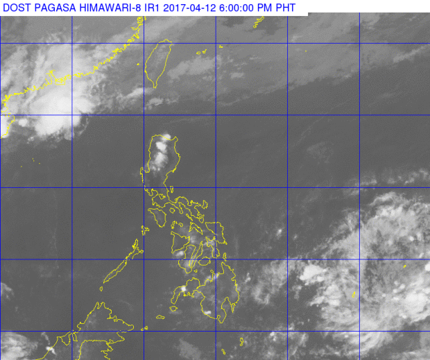 Clouds gather east of Mindanao where a low pressure area has been spotted on Apr. 12, 2017 (PAGASA satellite image)
