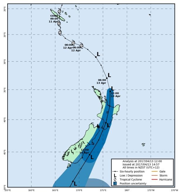 Path of Cyclone Cook in New Zealand - 13 April 2017