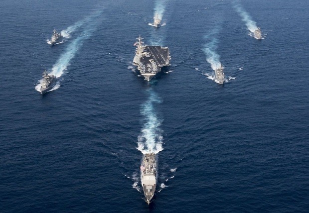 Japan Maritime Self-Defense Force destroyers JS Hamagiri (DD-155), JS Samidare (DD-106), JS Umigiri (DD-158), JS Yudachi (DD-103) and Nimitz-class aircraft carrier USS Carl Vinson (CVN 70), Arleigh Burke-class guided-missile destroyer USS Wayne E. Meyer (DDG 108) and Ticonderoga-class guided-missile cruiser USS Lake Champlain (CG 57) sail in formation in the Philippine Sea in this March 28, 2017, photo. US NAVY PHOTO / MCS 3RD CLASS MATT BROWN
