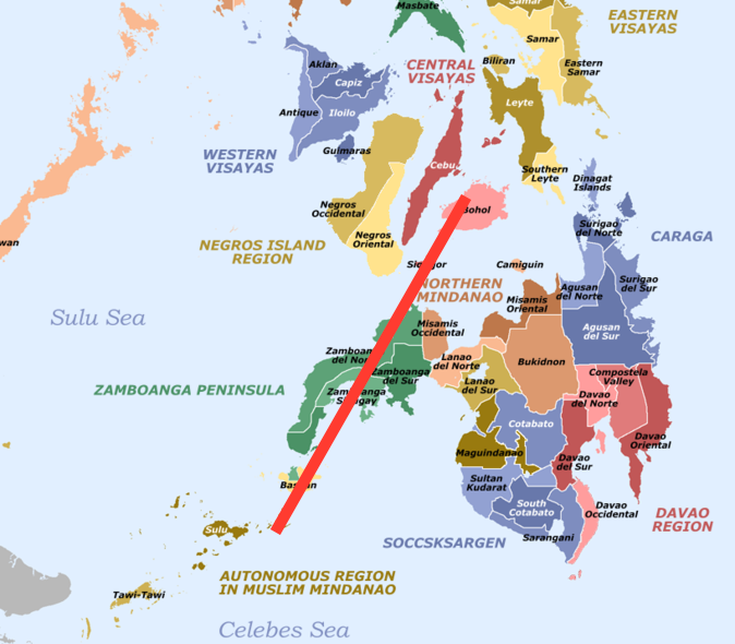 This is a portion of the Visayas and Mindanao map highlighting the distance covered by the Abu Sayyaf bandits between Tongkil, Sulu, where they allegedly set sail and in Inabangan, Bohol, where they landed on Apr. 11, 2017. (Wikipedia maps)