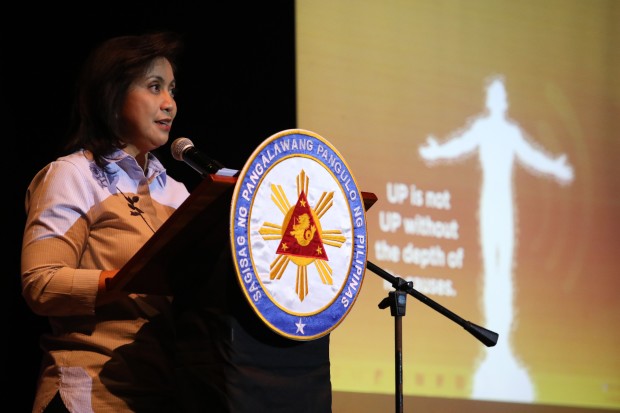 PRIL 21, 2017Vice President Leni Robredo delivers a speech during the VP Leni goes to UPLB: An Academic Forum on Tsinleas Leadership hekd at the DL Umali Hall in UPLB Los Baños, Laguna last April 21, 2017. The Vice President also answered questions from the studenta during an open forum. Also with the Vice President is Dr. Portia Lapitan, Vice Chancellor for Academic Affairs.(Photo by OVP) 
