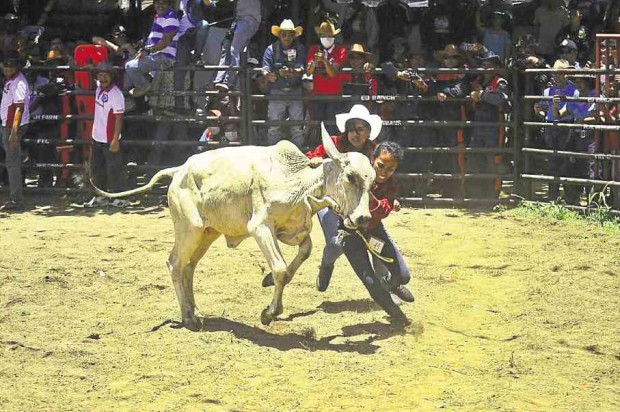 Participants in the “carambola” demonstrate how ranch hands tackle misbehaving cows. —PHOTO BY SHAN GABRIEL APULI