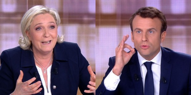 (COMBO) A combination of video grabs from an AFP video taken on May 3, 2017 during a live brodcast televised debate in television studios of French public national television channel France 2, and French private channel TF1 in La Plaine-Saint-Denis, north of Paris, shows French presidential election candidate for the far-right Front National (FN) party, Marine Le Pen (L) and French presidential election candidate for the En Marche ! movement Emmanuel Macron talking during a face to face debate ahead of the second round of the French presidential election. Pro-EU centrist Emmanuel Macron and far-right leader Marine Le Pen face off in a final televised debate on May 3 that will showcase their starkly different visions of France's future ahead of this weekend's presidential election run-off.  / AFP PHOTO / STRINGER
