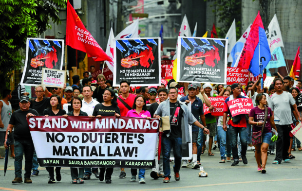 NO TO MARTIAL LAW/ MAY 26,2017 multi sectroral progressive group held a rally in Mendiola bridge  to condemn the implementation of Martial Law in Mindanao, GMay 26, 2017. The group says that  the AFP,PNP guidelines on Martial Law implementation are words of hypocrites and human rights violators. INQUIRER PHOTO/JOAN BONDOC