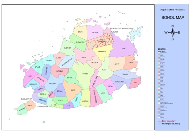 Map of Bohol. Take note that Inabanga, Clarin and Tubigon are just beside each other. (Map from the official website of Trinidad, Bohol at https://trinidad-bohol.gov.ph/territory-of-trinidad-its-descriptions-and-composition/bohol-map/ )