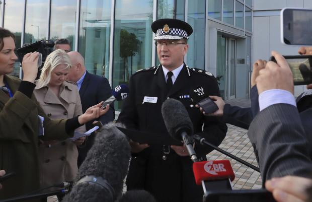 Greater Manchester Police Chief Constable Ian Hopkins speaks to the media in Manchester Tuesday May 23, 2017. Police say they are treating an explosion at an Ariana Grande concert in northern England as terrorism.  (Peter Byrne/PA via AP)