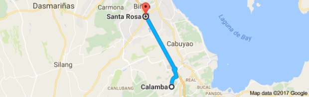 Calamba City and Sta. Rosa City in Laguna (Google maps)