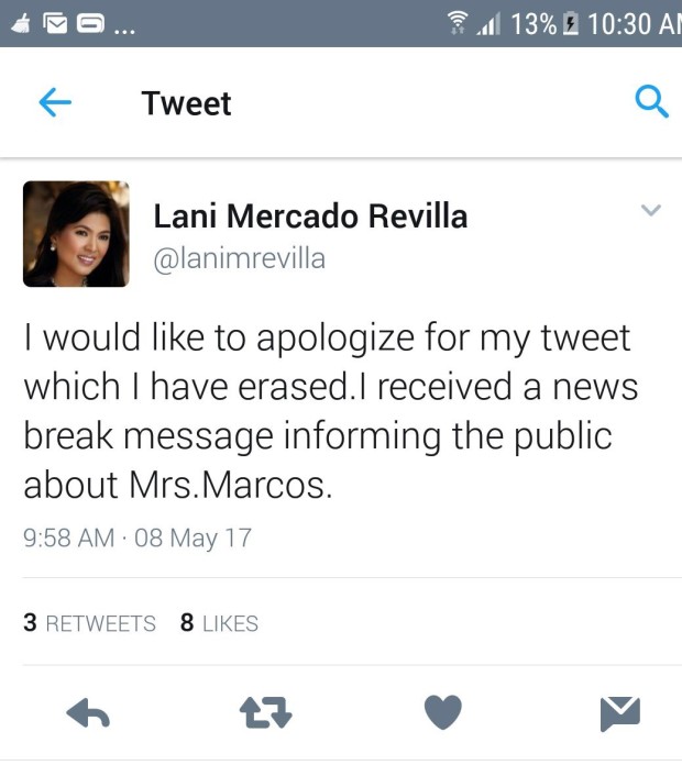 Screenshot from Lani Mercado's Twitter Account