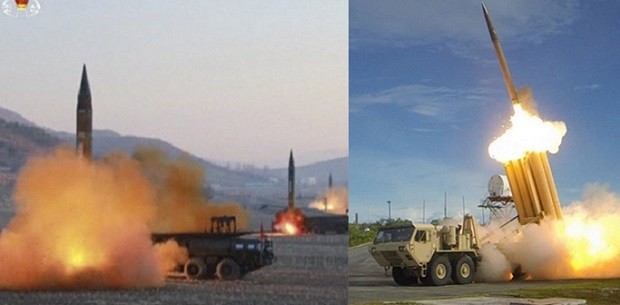 The Terminal High Altitude Area Defense (THAAD) anti-missile system (right) in South Korea is now operational and ready to intercept missiles fired by North Korea (left). INQUIRER WIRES