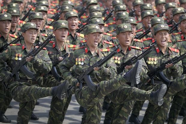 North Korean soldiers goosestepping - Pyongyang parade - 15 April 2017