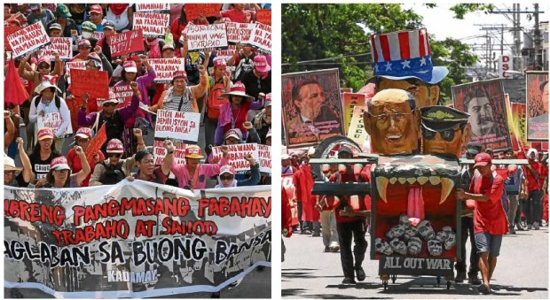 STREET RALLIES Militant workers and their supporters march on the streets in Quezon City (left) and Davao City (right) on Monday, Labor Day, demanding higher minimum wages, more jobs and an end to labor contractualization. —RICHARD A. REYES/KARLOS MANLUPIG