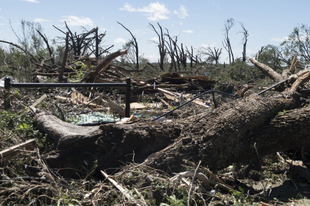 Fallen trees and debris cover the ground Sunday, April 30, 2017, in Canton, Texas. Deadly severe storms including tornadoes swept through several small towns in East Texas, leaving a trail of overturned vehicles, mangled trees and damaged homes, authorities said Sunday. (Sarah A. Miller/Tyler Morning Telegraph via AP)
