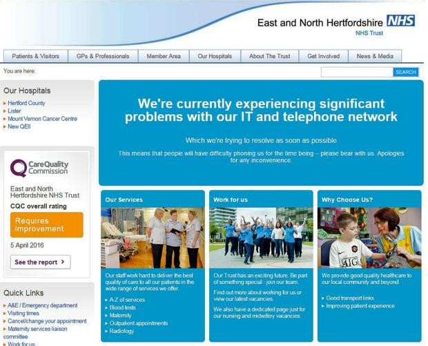 Website screengrab - East and North Hertfordshire NHS - 12 May 2017
