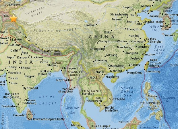 A star marks the epicenter of the magnitude 5.4 quake that hit the eastern part of China's Xinjiang  province at 5:58 a.m., Thursday, May 11, 2017. Four people have so far been reported killed by the temblor. USGS MAP