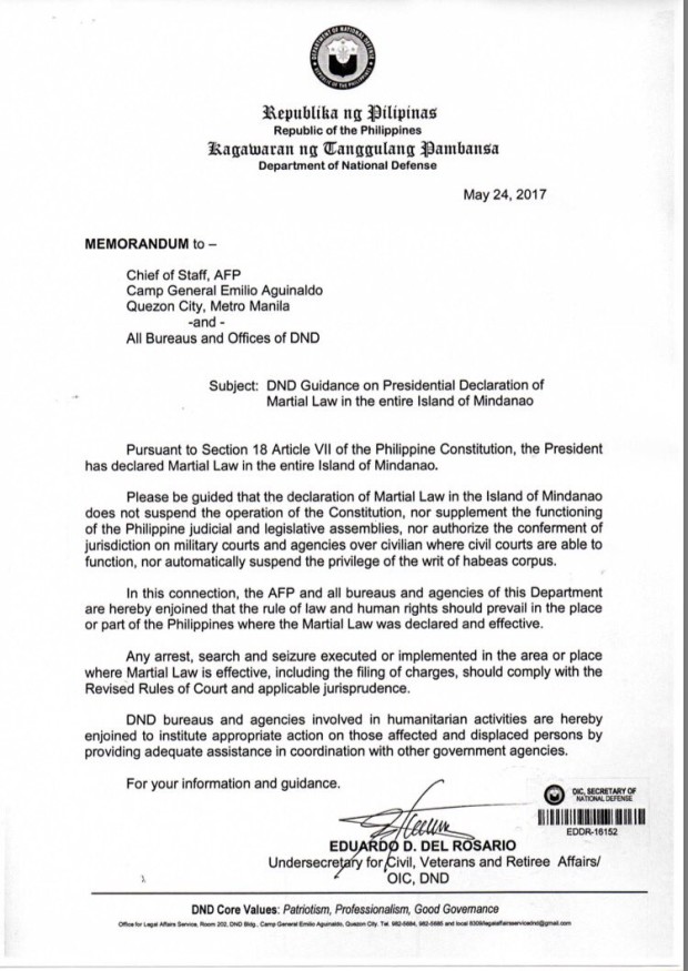 Copy of the memorandum sent to the Armed Forces of the Philippines for the implementation of martial law in Mindanao. (INQUIRER.net)