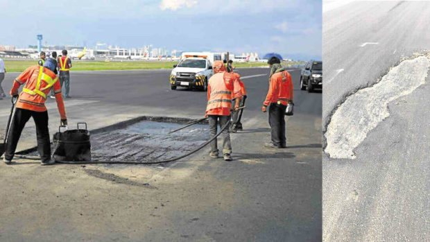 RUSHED REPAIRS Airport officials said work to fix a spot (right) on the main runway on Tuesday afternoon could not wait till the regular maintenance period, which is in the wee hours. —PHOTOS COURTESY OF MIAA