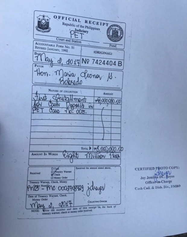 The photo shows a photocopy of the receipt of the P8 million paid by Vice President Leni Robredo for her poll protest before the Presidential Electoral Tribunal. 