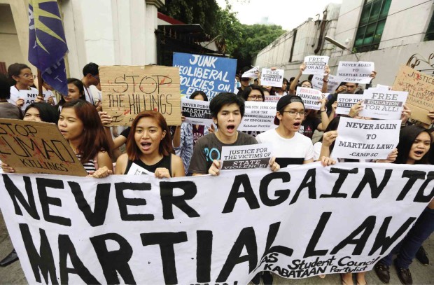 EARLY OUTCRY With President Duterte’s declaration of martial law in Mindanao, militant groups have vowed to take to the streets to voice their protest, continuing   what these  students of the University of the Philippines did in September last year to mark the  anniversary of the declaration of martial rule by then President Marcos in  1972.  —MARIANNE BERMUDEZ