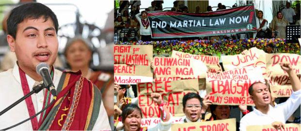 GRADUATION RITES Arman Ali Ghodsinia (left photo) reminds fellow University of the Philippines graduates that bothMuslim and Christian lives are at risk in the crisis in Marawi City.Militants (above) stage a protest rally during the event. —NIÑO JESUS ORBETA