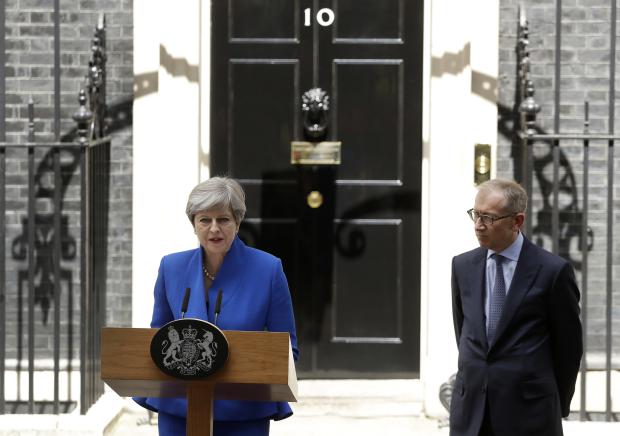 Theresa May with Philip May - press conference - 10 Downing Street - 9 June 2017