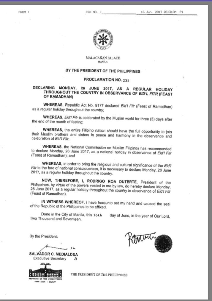 Palace declares June 26 a holiday for Eid’l Fitr | Inquirer News