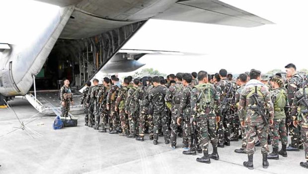 OFF TOWAR Army soldiers from the 82nd Infantry Battalion leave Capiz for deployment to Marawi City to augment government forces fighting terrorist groups there. —CONTRIBUTED PHOTO